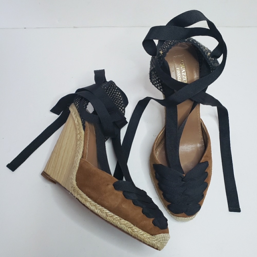 Aquazzura Malibu Suede Grosgrain Ribbon Espadrille Wood Wedge Sandals 36.5
